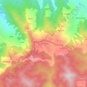 Mappa topografica riyuni malli, altitudine, rilievo