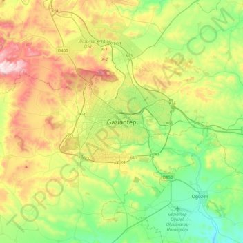 Mappa topografica Gaziantep, altitudine, rilievo