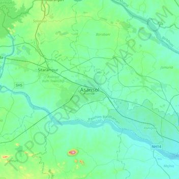 Mappa topografica Asansol, altitudine, rilievo