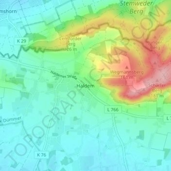 Mappa topografica Haldem, altitudine, rilievo