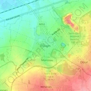 Mappa topografica Élouges, altitudine, rilievo