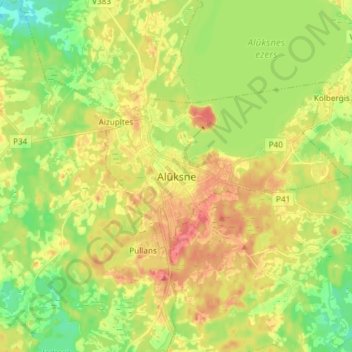 Mappa topografica Alūksne, altitudine, rilievo