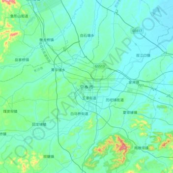 Mappa topografica 宁乡市, altitudine, rilievo