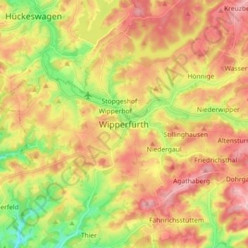 Mappa topografica Wipperfürth, altitudine, rilievo