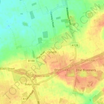Mappa topografica Orsett, altitudine, rilievo
