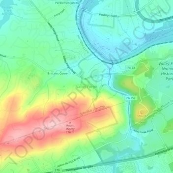 Mappa topografica Valley Forge, altitudine, rilievo