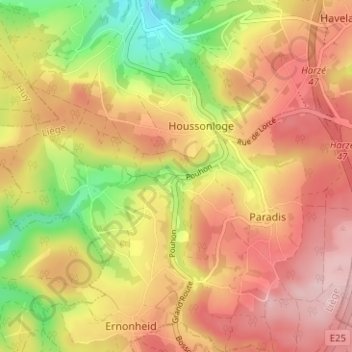 Mappa topografica Pouhon, altitudine, rilievo