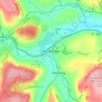 Mappa topografica Sennybridge, altitudine, rilievo