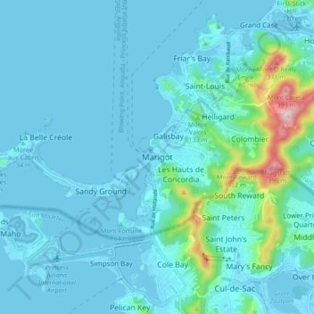 Mappa topografica Marigot, altitudine, rilievo