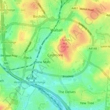 Mappa topografica Caldmore, altitudine, rilievo