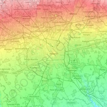 Mappa topografica Milan, altitudine, rilievo