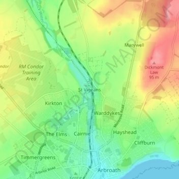 Mappa topografica St Vigeans, altitudine, rilievo
