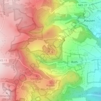 Mappa topografica Hillenberg, altitudine, rilievo