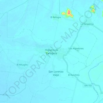 Mappa topografica Higuera de Zaragoza, altitudine, rilievo