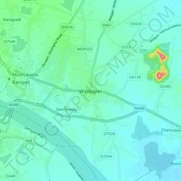 Mappa topografica Walajapet, altitudine, rilievo
