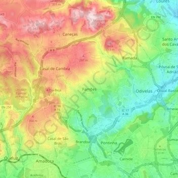 Mappa topografica Famões, altitudine, rilievo