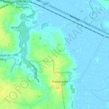 Mappa topografica Tunstall, altitudine, rilievo