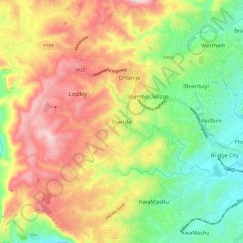 Mappa topografica Inanda, altitudine, rilievo
