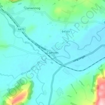 Mappa topografica Caersws, altitudine, rilievo