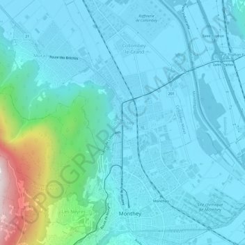 Mappa topografica Collombey, altitudine, rilievo