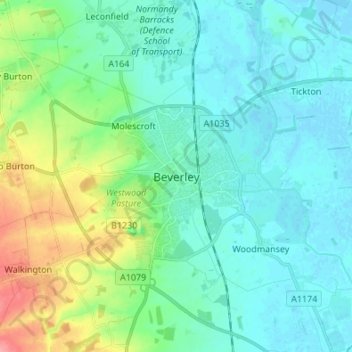 Mappa topografica Beverley, altitudine, rilievo