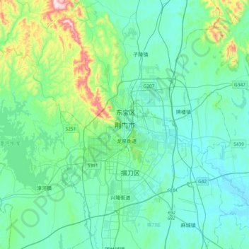 Mappa topografica 荆门市, altitudine, rilievo