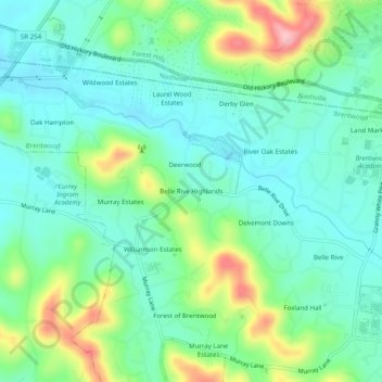 Mappa topografica Belle Rive Highlands, altitudine, rilievo