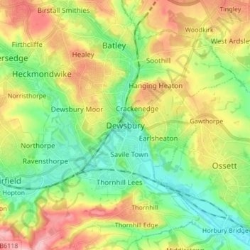 Mappa topografica Dewsbury, altitudine, rilievo