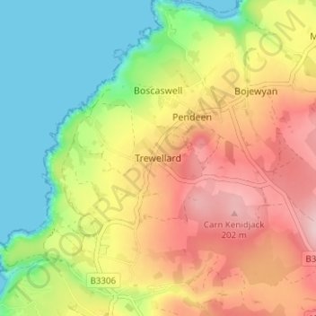 Mappa topografica Trewellard, altitudine, rilievo