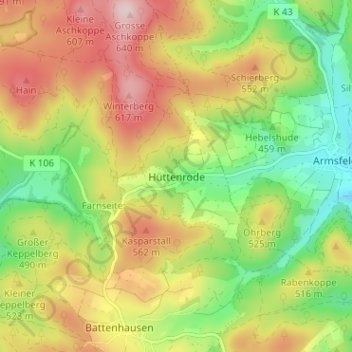 Mappa topografica Hüttenrode, altitudine, rilievo