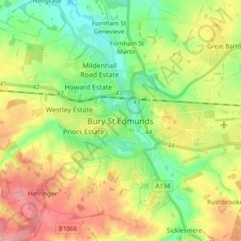 Mappa topografica Bury St Edmunds, altitudine, rilievo