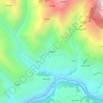 Mappa topografica dongru, altitudine, rilievo