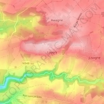 Mappa topografica Loyers, altitudine, rilievo