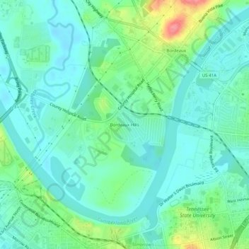 Mappa topografica Bordeaux Hills, altitudine, rilievo