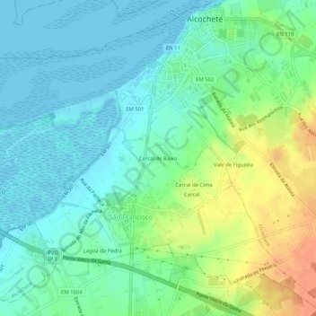 Mappa topografica Cercal de Baixo, altitudine, rilievo