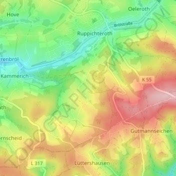 Mappa topografica Kesselscheid, altitudine, rilievo