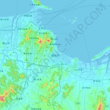 Mappa topografica 烟台市, altitudine, rilievo