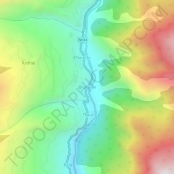 Mappa topografica Bhatwari, altitudine, rilievo