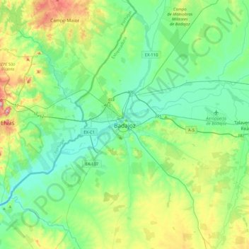 Mappa topografica Badajoz, altitudine, rilievo