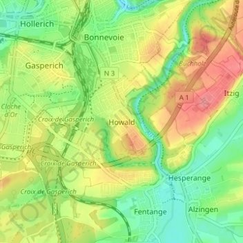 Mappa topografica Howald, altitudine, rilievo
