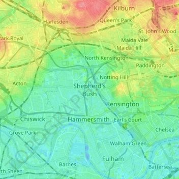 Mappa topografica Shepherd's Bush, altitudine, rilievo