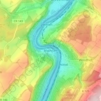 Mappa topografica Machtum, altitudine, rilievo
