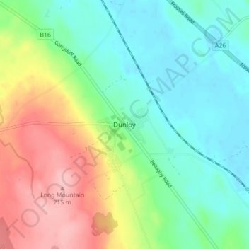 Mappa topografica Dunloy, altitudine, rilievo