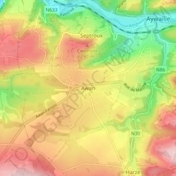 Mappa topografica Awan, altitudine, rilievo