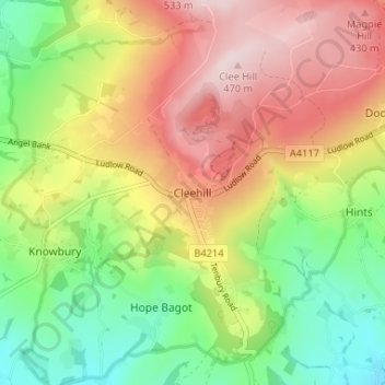 Mappa topografica Cleehill, altitudine, rilievo