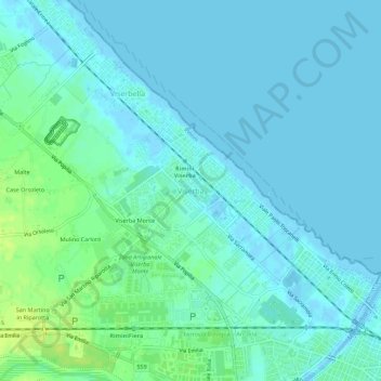 Mappa topografica Viserba, altitudine, rilievo
