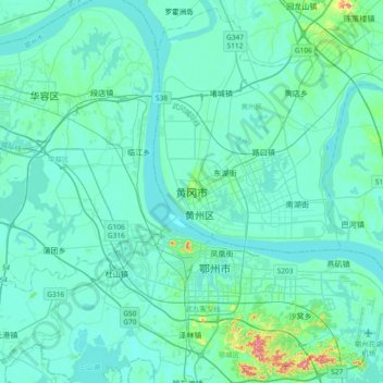Mappa topografica 黄冈市, altitudine, rilievo