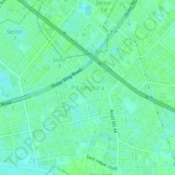 Mappa topografica Pitampura, altitudine, rilievo