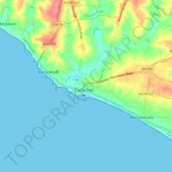 Mappa topografica Colachel, altitudine, rilievo