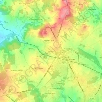 Mappa topografica Anglard, altitudine, rilievo